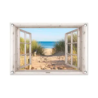 GreatGardenPosters Tuinposter Doorkijk Raam - Tuindecoratie Strand En Duinen - 60x40 Cm - Tuinschilderij Voor Buiten Natuur - Tuindoek Zee - Wanddecoratie Tuin -