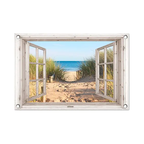 GreatGardenPosters Tuinposter Doorkijk Raam - Tuindecoratie Strand En Duinen - 60x40 Cm - Tuinschilderij Voor Buiten Natuur - Tuindoek Zee - Wanddecoratie Tuin - thumbnail