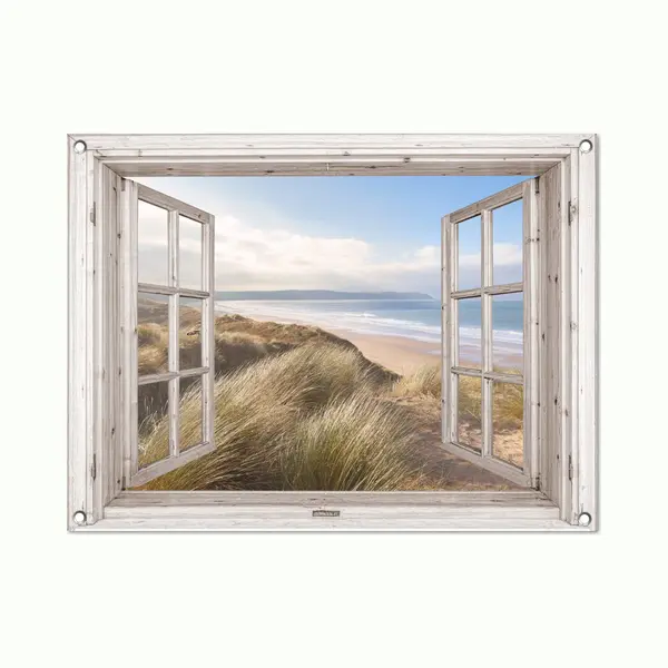 GreatGardenPosters Tuinposter Doorkijk Raam - Tuindecoratie Strand En Zee - 80x60 Cm - Tuinschilderij Voor Buiten Natuur - Tuindoek Duinen - Wanddecoratie Tuin - thumbnail