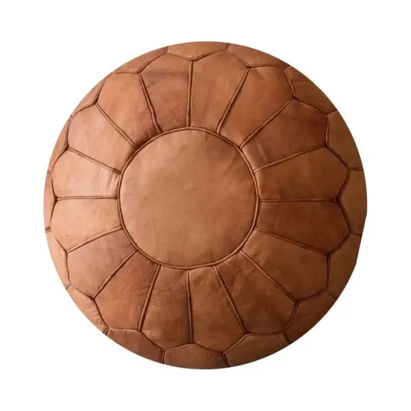 | Marokkaanse Leren Poef | Cognac Bruin | Rond | Ø60 | H 35cm | Handgemaakt | Gevuld Geleverd | thumbnail