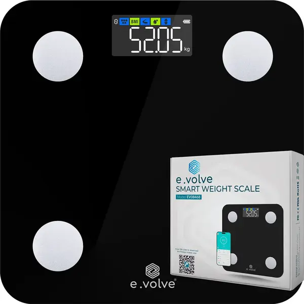 E.volve Weegschaal Personenweegschaal Digitaal - 20x - Zwart - Slimme Weegschaal Met Lichaamsanalyse - Kleurenscherm - Digitale Weegschaal - Incl. App thumbnail