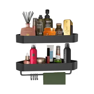 Goliving Doucherek 2-delige Set - Doucherek Zonder Boren - Doucherekje Hoek - Douchemandje - Badkamerrek - Badkamer Accessoires - Zwart
