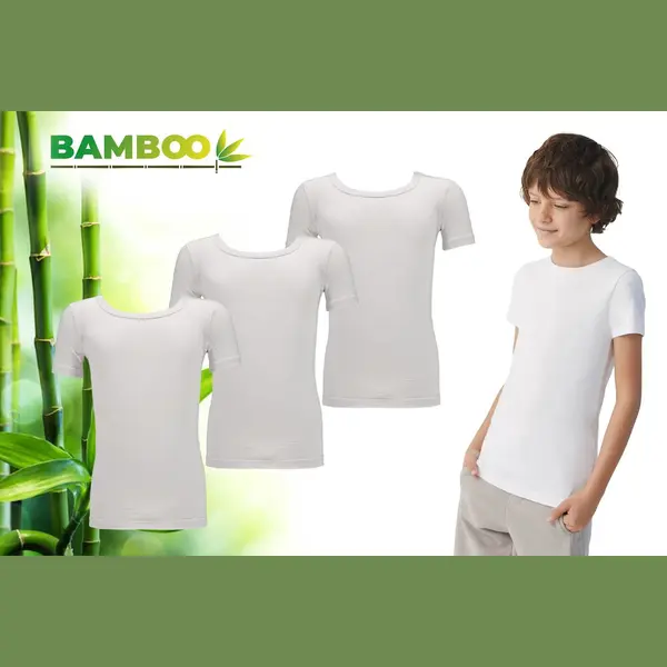 Bamboo - T Shirt Kinderen Jongens - Ronde Hals - 3 Stuks - Wit - 110-116 - Bamboe - Ondershirt - Extra Lang - Anti Zweet T-Shirt Jongens thumbnail