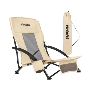 VirtuFit Opvouwbare Strandstoel - Beige - Met Bekerhouder En Opbergvak - Incl. Draagtas - Compact, Duurzaam, Lichtgewicht En Ergonomisch