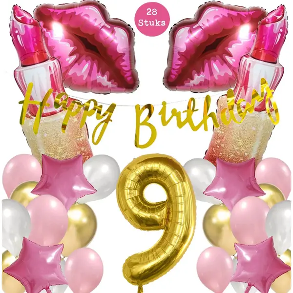 Snoes Mega Beauty Helium Ballonnen Set 9 Jaar - Roze Helium Folieballonnen - Slinger Happy Birthday Goud thumbnail