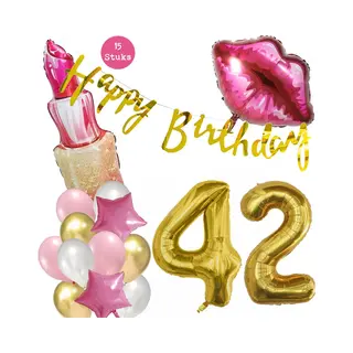 Snoes Beauty Helium Ballonnen Set 42 Jaar - Roze Folieballonnen - Slinger Happy Birthday Goud