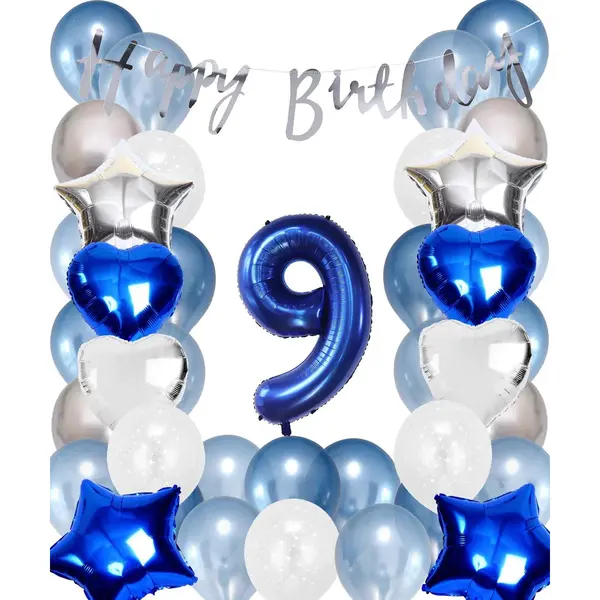 Snoes Ballonnen 9 Jaar Set Mega Blauw Zilver Ballon - Compleet Feestpakket Cijferballon 9 Jaar - Verjaardag Versiering Slinger Happy Birthday – thumbnail