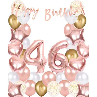 Snoes Ballonnen 46 Jaar Rose Gold White Dots - Compleet Feestpakket Met Cijfer Ballon 46 Jaar - Verjaardag Versiering Slinger Happy Birthday –