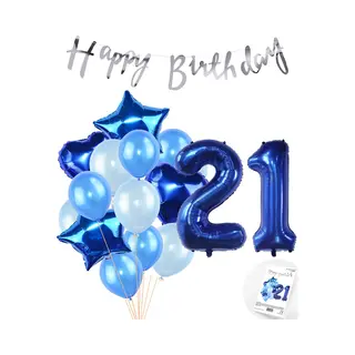 Snoes Ballonnen 21 Jaar Feestpakket – Versiering – Verjaardag Set Mason Blauw Cijferballon 21 Jaar - Heliumballon