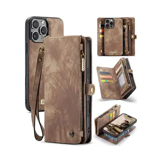 CaseMe Bookcase Hoesje Geschikt Voor IPhone 16 Pro Max - Effen Bruin - Leer - Portemonnee Met 9 Vakjes Voor Pasjes En Ritsvak