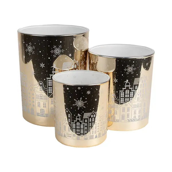 Clayre & Eef Theelichthouder Set Van 3 Goudkleurig Glas Huizen thumbnail