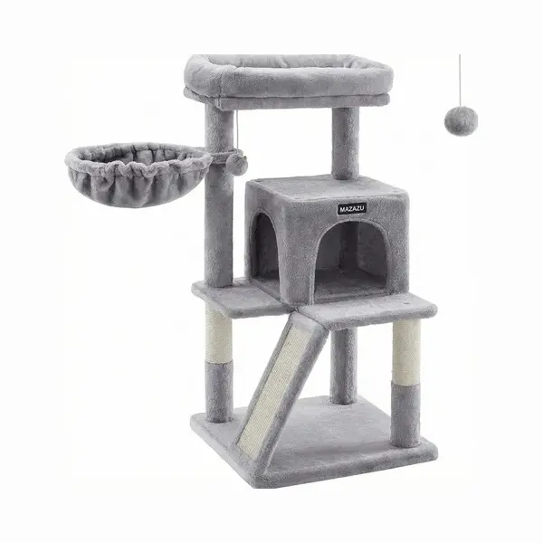 Mazazu Krabpaal Compact - Lichtgrijs - Met Grote Krabplank & Trap - Stabiel Klimmeubel Met Huisje & Relaxmand - Modern Design Grijs - 48 X 48 X 96 Cm thumbnail