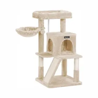 Mazazu Krabpaal Voor Katten - Met Krabplank & Trap - Beige - Stabiel Klimmeubel Met Huisje & Relaxmand - Beige - 48x48x96
