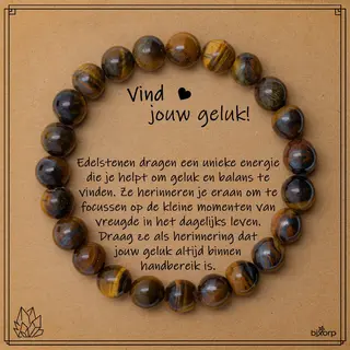 Bixorp Tijgeroog Armband Op Cadeau Kaartje - Vind Jouw Geluk - 8mm / 20cm Edelsteen Kralenarmband - Inclusief Cadeau Envelop