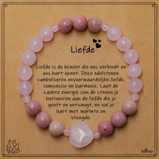 Bixorp Rozenkwarts + Rhodoniet Hartje Armband Op Cadeau Kaartje - Liefde - 8mm / 18cm Edelsteen Kralenarmband - Inclusief Cadeau Envelop