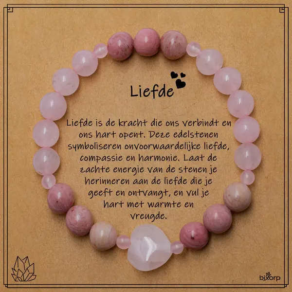 Bixorp Rozenkwarts + Rhodoniet Hartje Armband Op Cadeau Kaartje - Liefde - 8mm / 18cm Edelsteen Kralenarmband - Inclusief Cadeau Envelop thumbnail