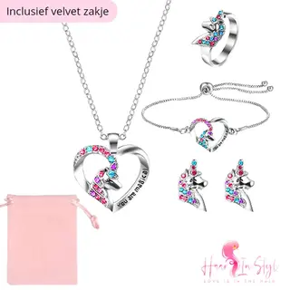 Haar In Stijl® | Unicorn Sieradenset Zilver Voor Kinderen Inclusief Roze Velvet Tasje | Armband Ketting Ring En Oorbellen | Kind Sieraden Cadeau Set