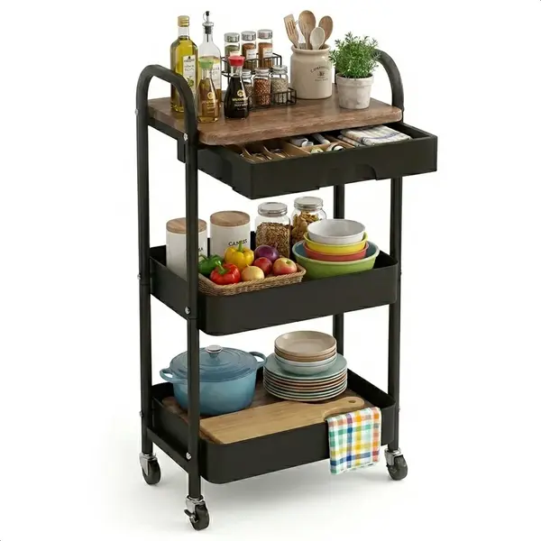 Keuken Trolley Met Lade Op Wieltjes - 3 Laags - Keukenrek - Serveerwagen - Kastje - Karretje - Opberg - Douche Kastjes Staand - Rekje - Zwart - Luft thumbnail
