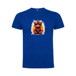 Kobalt Blauw T-Shirt Met “Kleurrijke Brandweer TeddyBeer “ Print Full Color Maat Xl