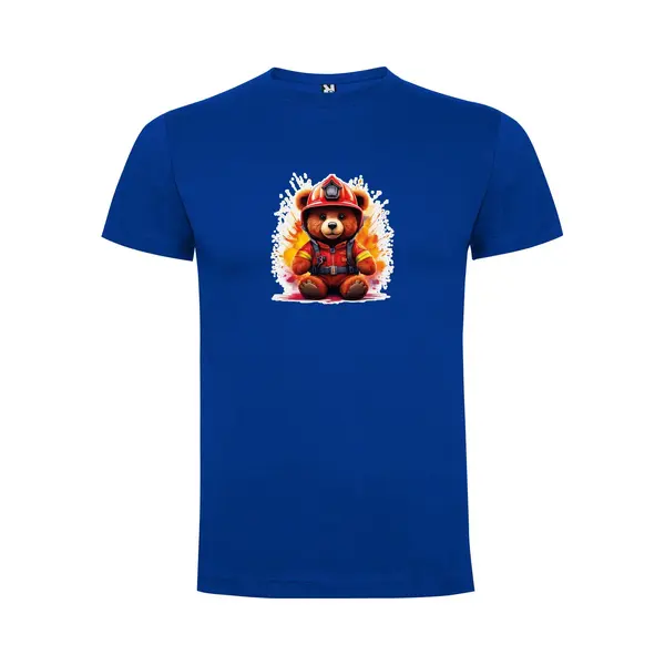Kobalt Blauw T-Shirt Met “Kleurrijke Brandweer TeddyBeer “ Print Full Color Maat Xl thumbnail