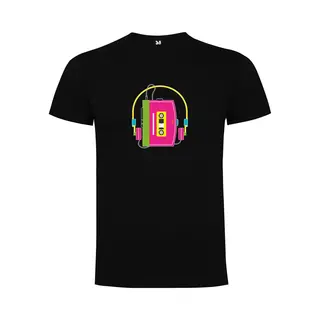 Zwart T-Shirt Met “Kleurrijke Walkman – Jaren 80 – Strak – Retro – Herinneringen – Good Vibes – Muziek “ Print Full Color Maat M