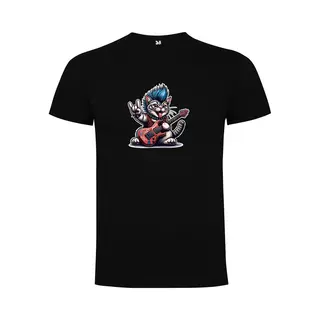 Zwart T-Shirt Met Kleurrijke Print “ Punk Kat Met Hanekam En Gitaar - Relax – Retro “ Print Full Color Maat L