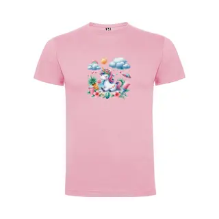 Zacht Roze T-Shirt Met “Kleurrijke Prachtige Grote Eenhoorn Met Ijsjes, Parasol, Zonnetje, Regenboog En Glas Limonade “ Print Full Color Maat 128