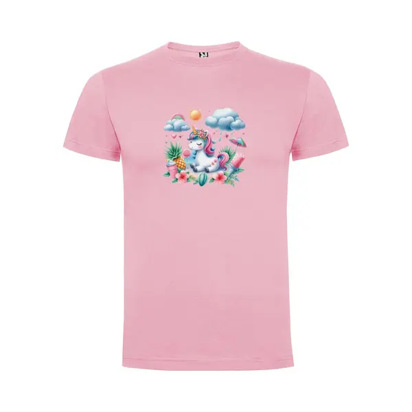 Zacht Roze T-Shirt Met “Kleurrijke Prachtige Grote Eenhoorn Met Ijsjes, Parasol, Zonnetje, Regenboog En Glas Limonade “ Print Full Color Maat 128 thumbnail