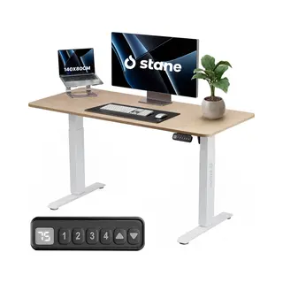 Stane Zit Sta Bureau Elektrisch Verstelbaar - 4 Geheugen Standen - Incl. Kabelgoot - 140 X 80 Cm - Eiken Blad, Wit Frame