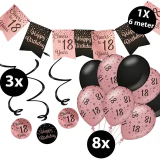 Bokstijn Verjaardag Versiering Pakket 18 Jaar Roze En Zwart - Ballonnen Zwart & Roze (8 Stuks) - Vlaggenlijn Rosé En Zwart 6 Meter (1 Stuks) - Vlaggenlijn