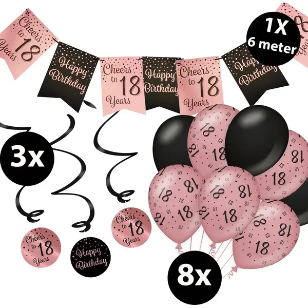 Bokstijn Verjaardag Versiering Pakket 18 Jaar Roze En Zwart - Ballonnen Zwart & Roze (8 Stuks) - Vlaggenlijn Rosé En Zwart 6 Meter (1 Stuks) - Vlaggenlijn thumbnail