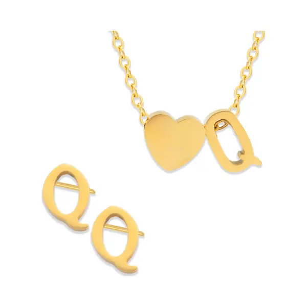 Initiaal Ketting & Oorbellen Set Met Letter Q Goudkleurig - Stainless Steel - Met Letter & Hartje! - 2x Sieraden Cadeau - Pax Amare thumbnail