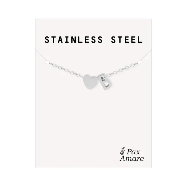 Letter B Armband Zilverkleurig - Stainless Steel - Initiaal & Hartje Hanger - Initialen Armband Op Cadeau Kaartje - Pax Amare - 15, 5cm + 5cm thumbnail