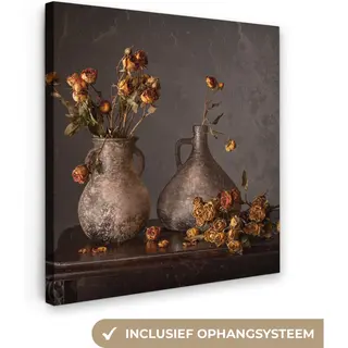 OneMillionCanvasses Canvas Schilderij 90x90 Cm - Wanddecoratie Stilleven - Bloemen - Vaas - Donker - Muurdecoratie Woonkamer - Slaapkamer Decoratie - Kamer Accessoires -