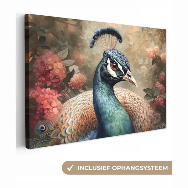 OneMillionCanvasses Canvas Schilderij 60x40 Cm - Wanddecoratie Pauw - Vogel - Bloemen - Planten - Pauwenveren - Muurdecoratie Woonkamer - Slaapkamer Decoratie - Kamer thumbnail