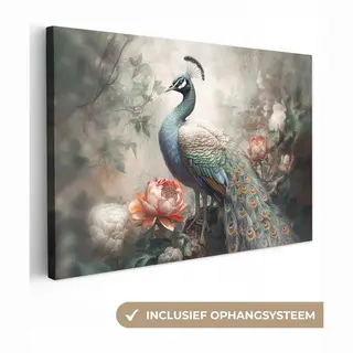 OneMillionCanvasses Canvas Schilderij 90x60 Cm - Pauw Vogel - Kamer Decoratie Accessoires Jungle - Schilderijen Woonkamer Bloemen - Wanddecoratie Vogels Slaapkamer -