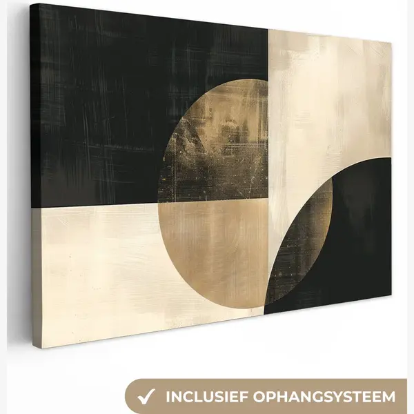 OneMillionCanvasses Canvas Schilderij 140x90 Cm - Wanddecoratie Abstract - Geometrische Vormen - Zwart - Goud - Muurdecoratie Woonkamer - Kamer Decoratie Modern - thumbnail