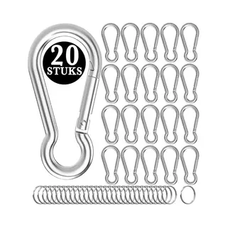 KeyAmor 20 Stuks Ijzer 50mm Zilver Karabijnhaken Set Met 20 Sleutelringen - Musketonhaak Sleutelhangers Voor Volwassenen - Multifuntioneel Carabiners -