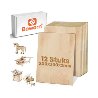 Bewern Multiplex Plaat - 12 Stuks - 200x300x2mm - Houten Plaat - Modelbouw Hout - Polywood/Plywood - Ideaal Voor Knutselen, Hobby, Figuurzaag,