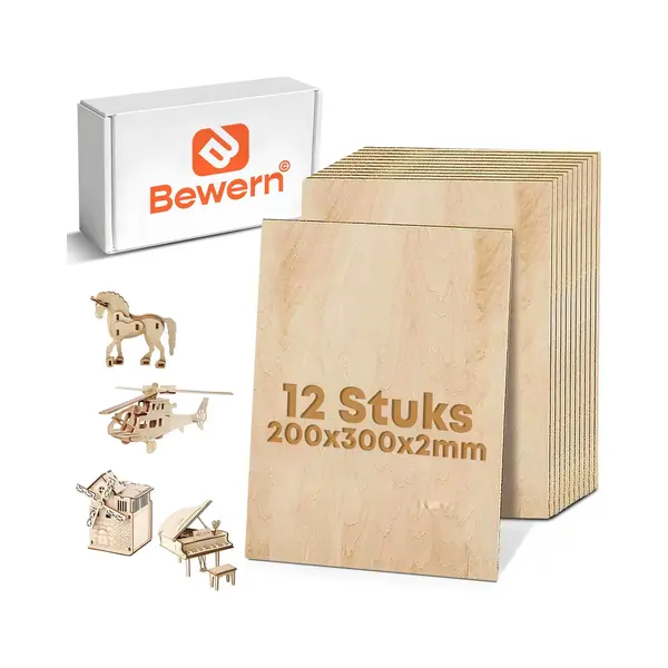 Bewern Multiplex Plaat - 12 Stuks - 200x300x2mm - Houten Plaat - Modelbouw Hout - Polywood/Plywood - Ideaal Voor Knutselen, Hobby, Figuurzaag, thumbnail