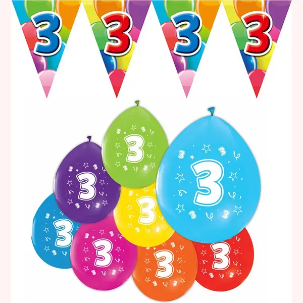 We Fiesta Feestpakket 3 Jaar / 8 Ballonnen En 1 Vlaggenlijn 10 Meter - Versiering Slinger Feestdecoratie Decoratie Verjaardag Jubileum Ballon Feest thumbnail