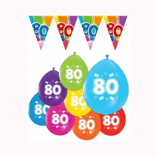 We Fiesta Feestpakket 80 Jaar / 8 Ballonnen En 1 Vlaggenlijn 10 Meter - Versiering Slinger Feestdecoratie Decoratie Verjaardag Jubileum Ballon Feest