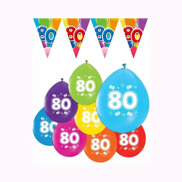 We Fiesta Feestpakket 80 Jaar / 8 Ballonnen En 1 Vlaggenlijn 10 Meter - Versiering Slinger Feestdecoratie Decoratie Verjaardag Jubileum Ballon Feest thumbnail