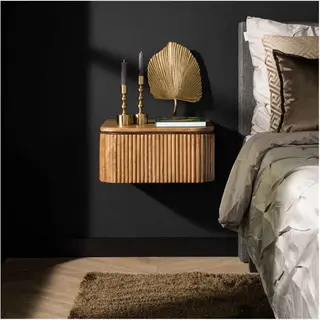 Meubelplaats.nl Nachtkastje Wave Hangend Van Massief Mangohout Zandkleurig - Wandmodel Met Lade En Golvende Afwerking - 45x30x20 Cm - Stijlvol En Ruimtebesparend -
