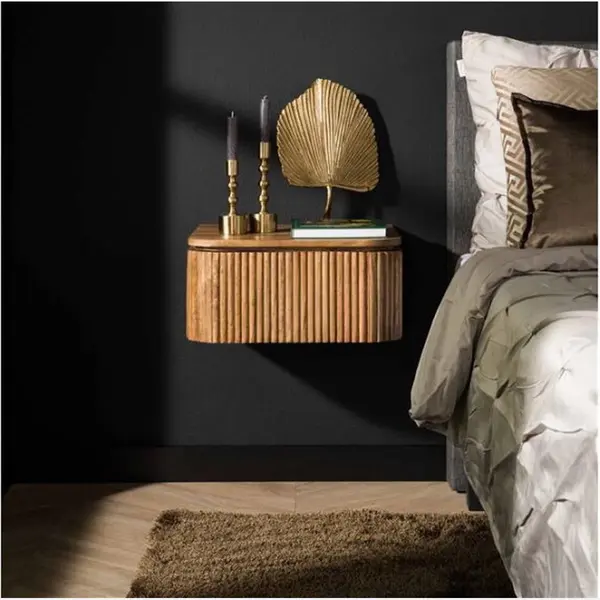 Meubelplaats.nl Nachtkastje Wave Hangend Van Massief Mangohout Zandkleurig - Wandmodel Met Lade En Golvende Afwerking - 45x30x20 Cm - Stijlvol En Ruimtebesparend - thumbnail