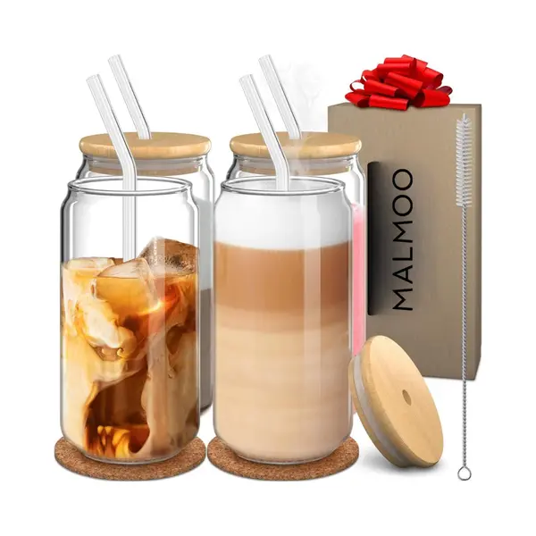Malmoo 4er Set Glas Mit Deckel Und Strohhalm, 500 Ml Trinkgläser Mit Deckel, Dosenförmige Glasbecher, Geeignet Für Eiskaffeetassen, Limonaden, thumbnail