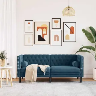 VidaXL Chesterfield-Sofa Mit Nackenrollen 2-Sitzer Blau Samt