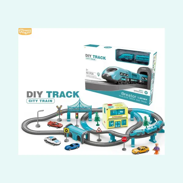 Playos® - Elektrische Treinset - 92 Delig - Turquoise - Inclusief 4 Auto's - Met Accessoires - Speelgoedvoertuig - Speelgoed - Sinterklaas - Jongens thumbnail
