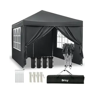 Brixy Partytent - Opvouwbaar - Easy Up - 3x3m - Waterdicht - Paviljoen Met Zijwanden - Incl. Draagtas - Antraciet