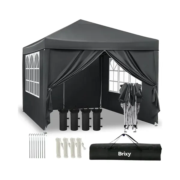Brixy Partytent - Opvouwbaar - Easy Up - 3x3m - Waterdicht - Paviljoen Met Zijwanden - Incl. Draagtas - Antraciet thumbnail